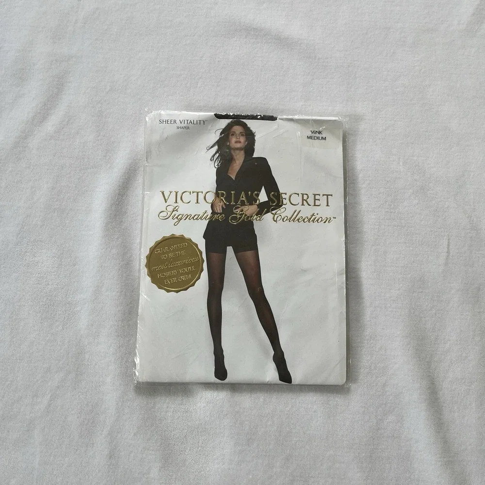 Rare Vtg Victoria's Secret Signature Gold Sheer Vitality Shaper Hosiery M Mink